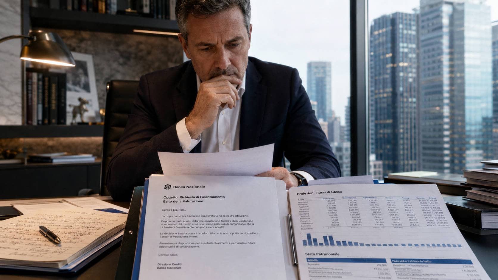 La Banca ha rifiutato il finanziamento: imprenditore analizza la comunicazione di diniego nel suo ufficio