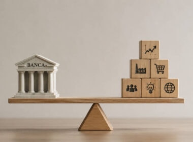 accesso al credito per le PMI. credito bancario per imprese, bilancia con edificio bancario e strumenti finanziari aziendali
