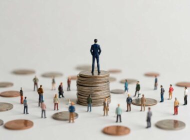 crowdlending PMI, miniature figure attorno a pile di monete che rappresentano finanziamento collettivo alle imprese