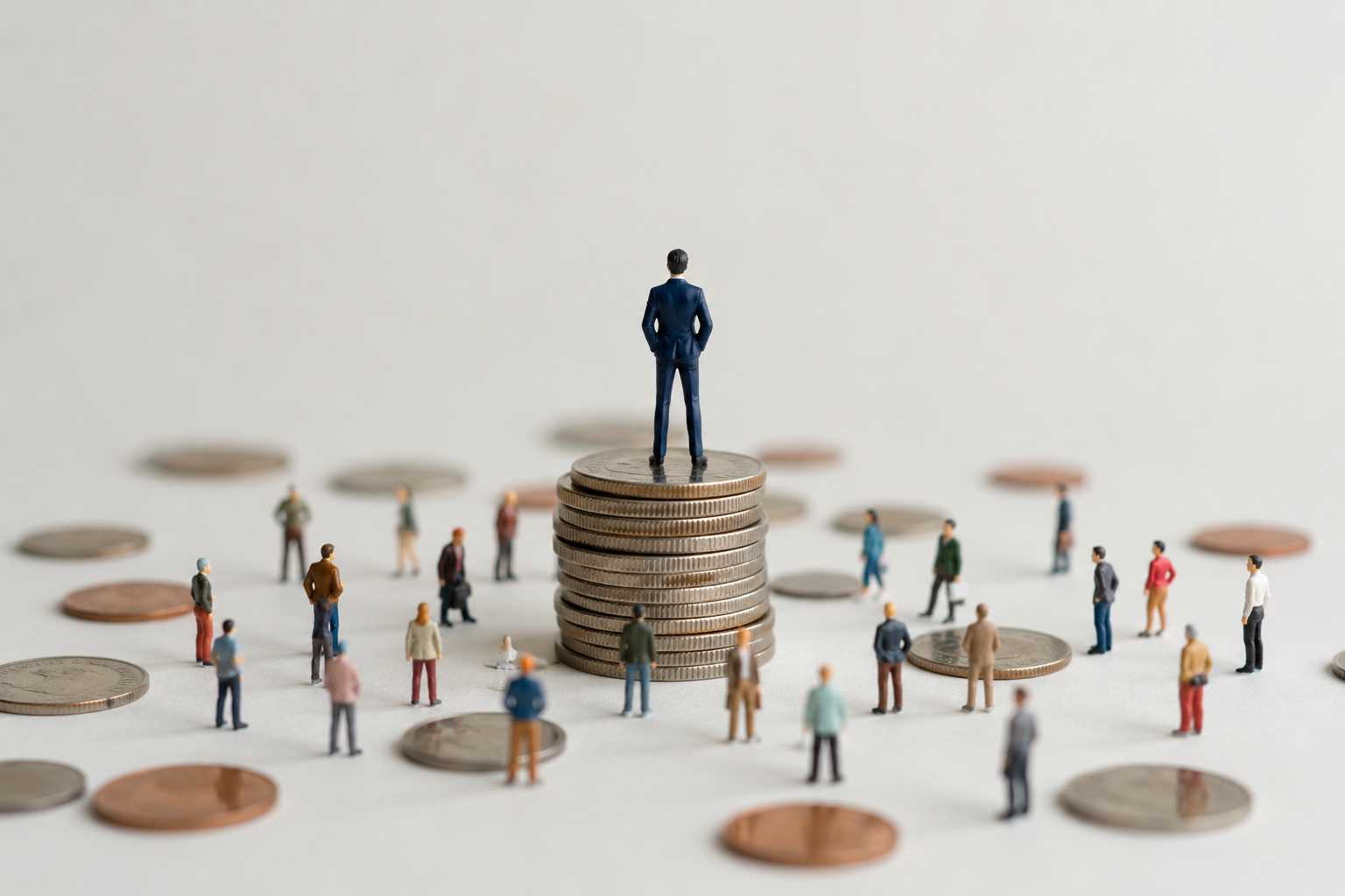 Il crowdlending non è la banca del futuro. Ma non è nemmeno la solita promessa fintech. crowdlending PMI, miniature figure attorno a pile di monete che rappresentano finanziamento collettivo alle imprese