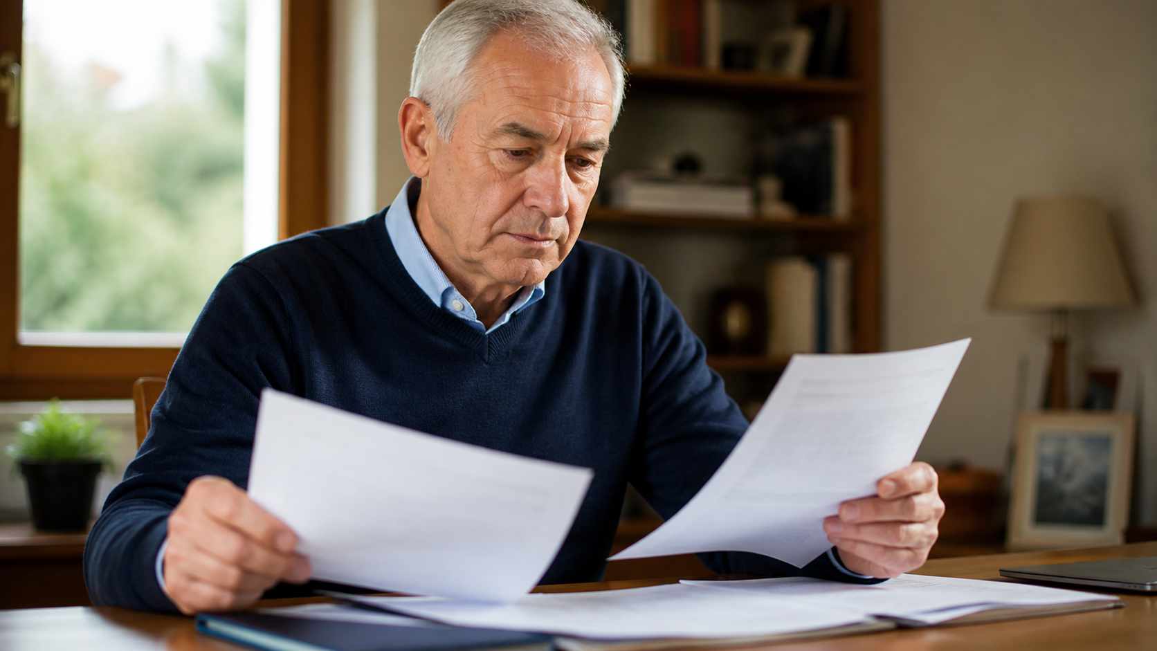 doppio calcolo INPS uomo anziano italiano controlla documenti pensione al tavolo di casa