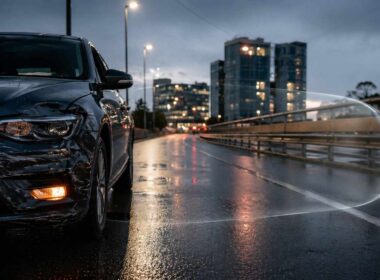 fondo vittime della strada: auto danneggiata su strada urbana bagnata al tramonto con segnale di emergenza attivo e contesto urbano sullo sfondo