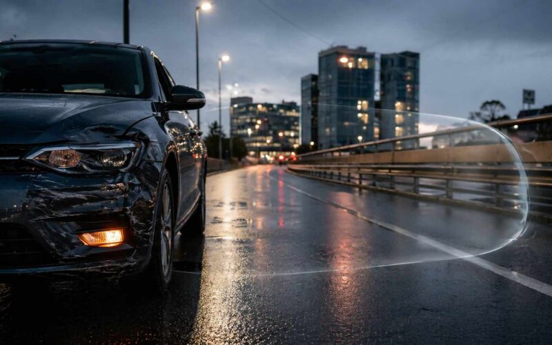 fondo vittime della strada: auto danneggiata su strada urbana bagnata al tramonto con segnale di emergenza attivo e contesto urbano sullo sfondo