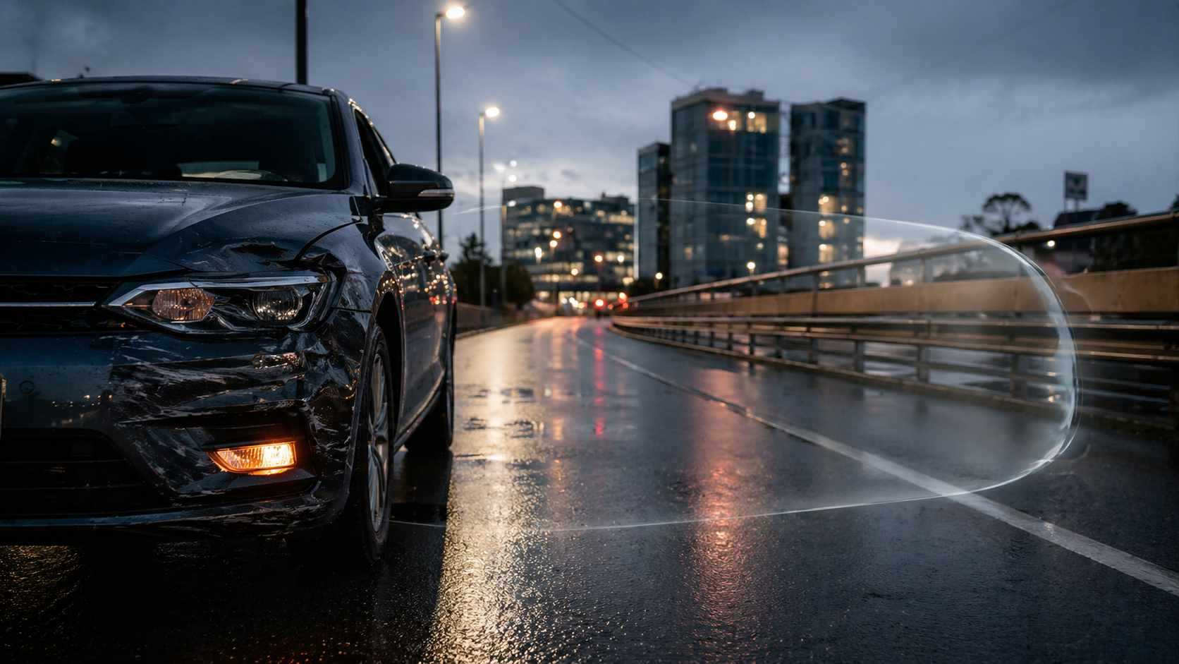 fondo vittime della strada: auto danneggiata su strada urbana bagnata al tramonto con segnale di emergenza attivo e contesto urbano sullo sfondo