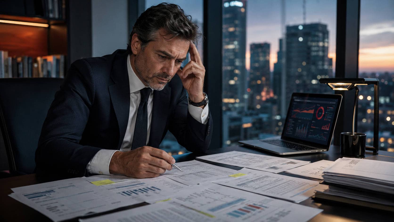 Migliorare il rating bancario della PMI: imprenditore analizza documenti finanziari e report di rischio