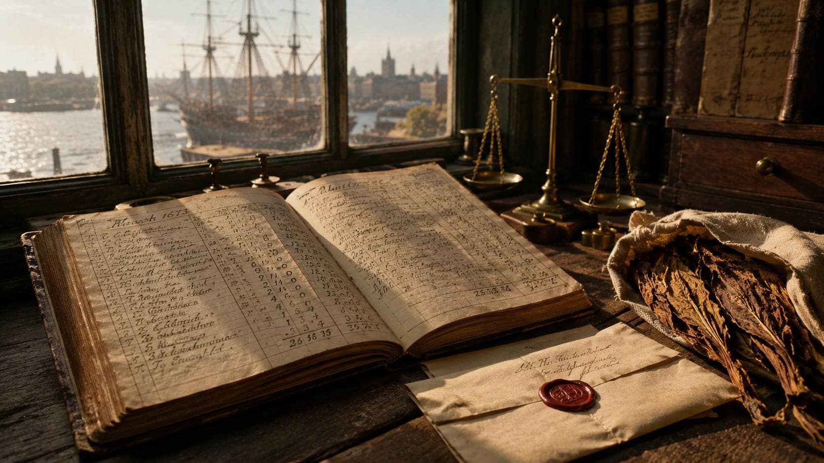 La nascita del factoring nell'Inghilterra coloniale. Storia del factoring: libro mastro mercantile del XVII secolo con documenti commerciali e nave mercantile sul Tamigi
