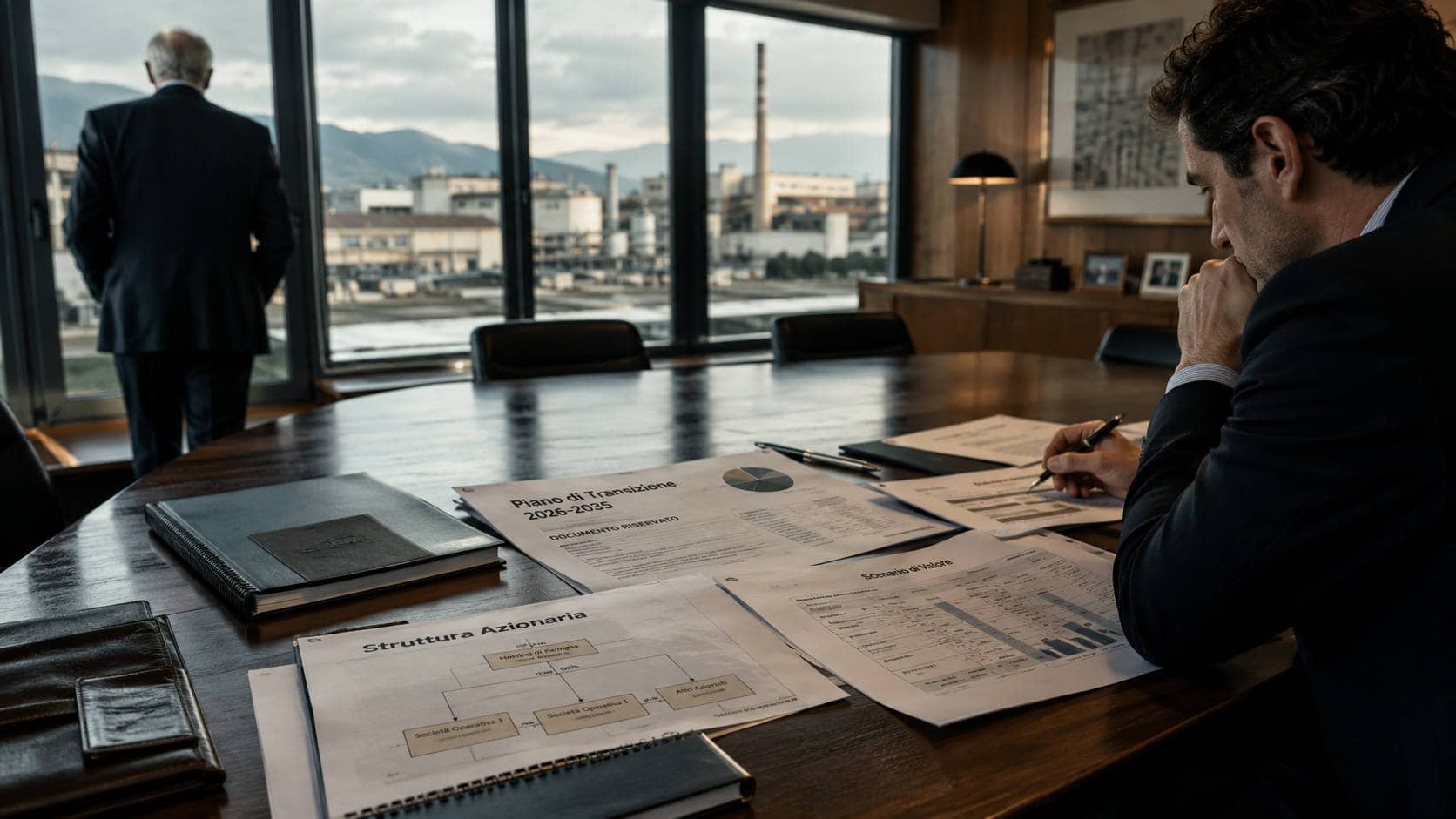 Vendita aziende familiari: imprenditore anziano guarda dalla finestra mentre un advisor esamina documenti di struttura azionaria e piano di transizione 2026-2035