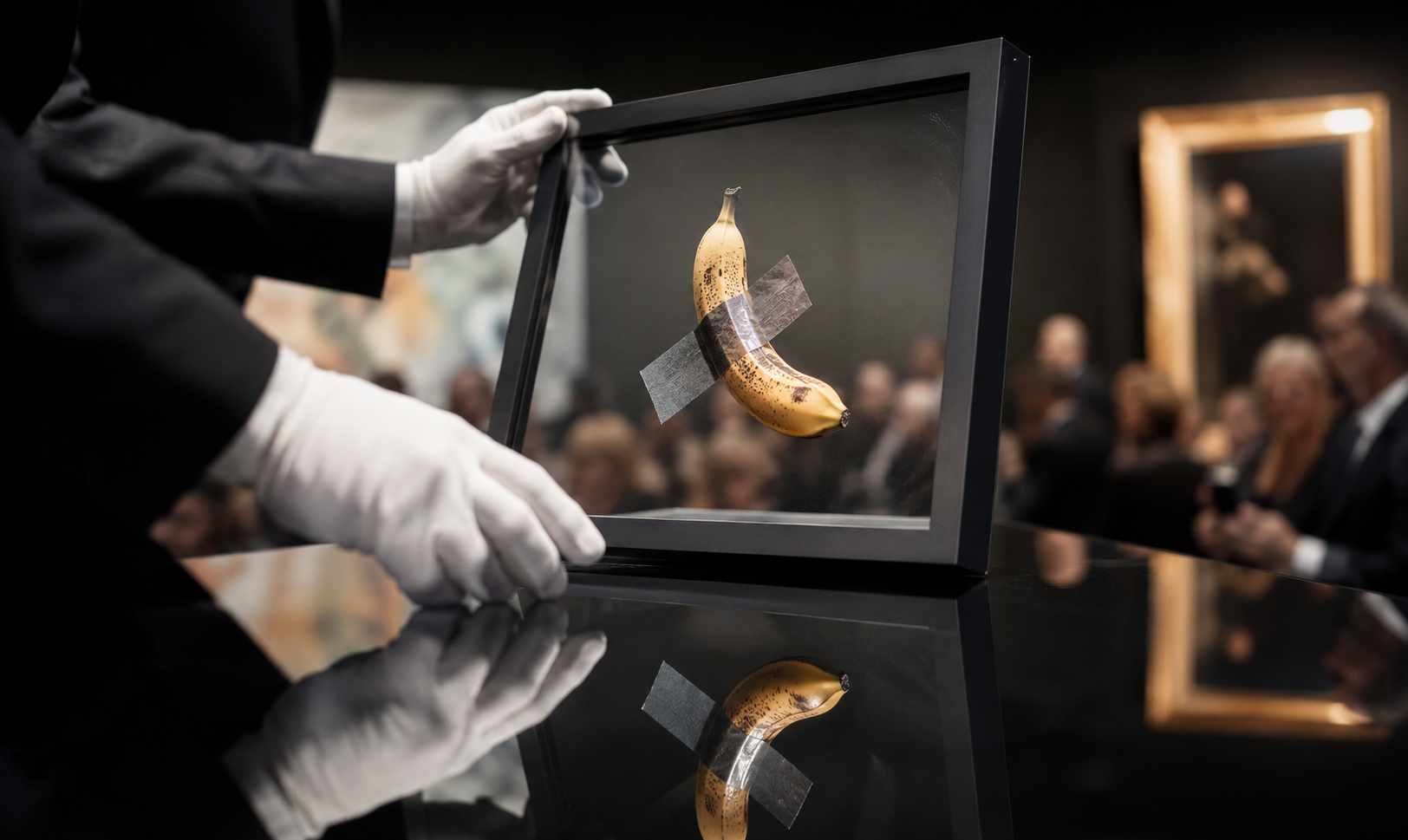 Mercato dell’arte contemporanea, banana incorniciata ispirata a Comedian esposta durante un’asta con pubblico sullo sfondo