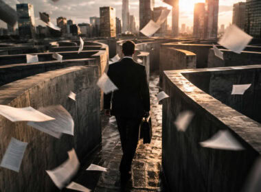Architettura finanziaria d’impresa, manager attraversa un labirinto di cemento tra documenti sospesi nel vento