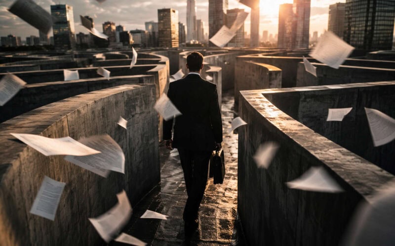 Architettura finanziaria d’impresa, manager attraversa un labirinto di cemento tra documenti sospesi nel vento