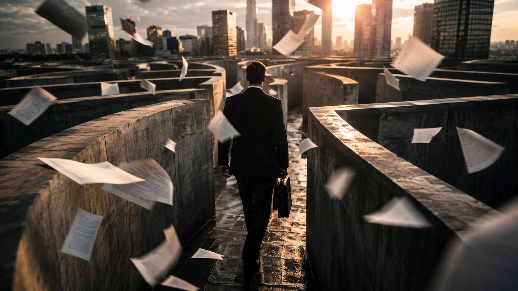 Architettura finanziaria d’impresa, manager attraversa un labirinto di cemento tra documenti sospesi nel vento