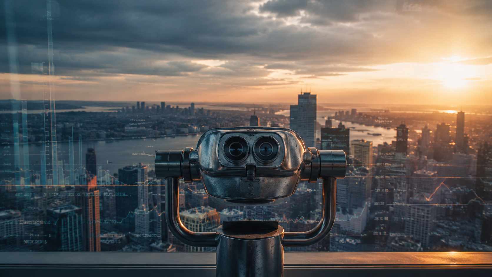 Come migliorare il rating bancario: binocolo panoramico rivolto verso il distretto finanziario al tramonto