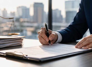 Conviene leasing o acquisto, dirigente firma un contratto per un investimento aziendale in ufficio
