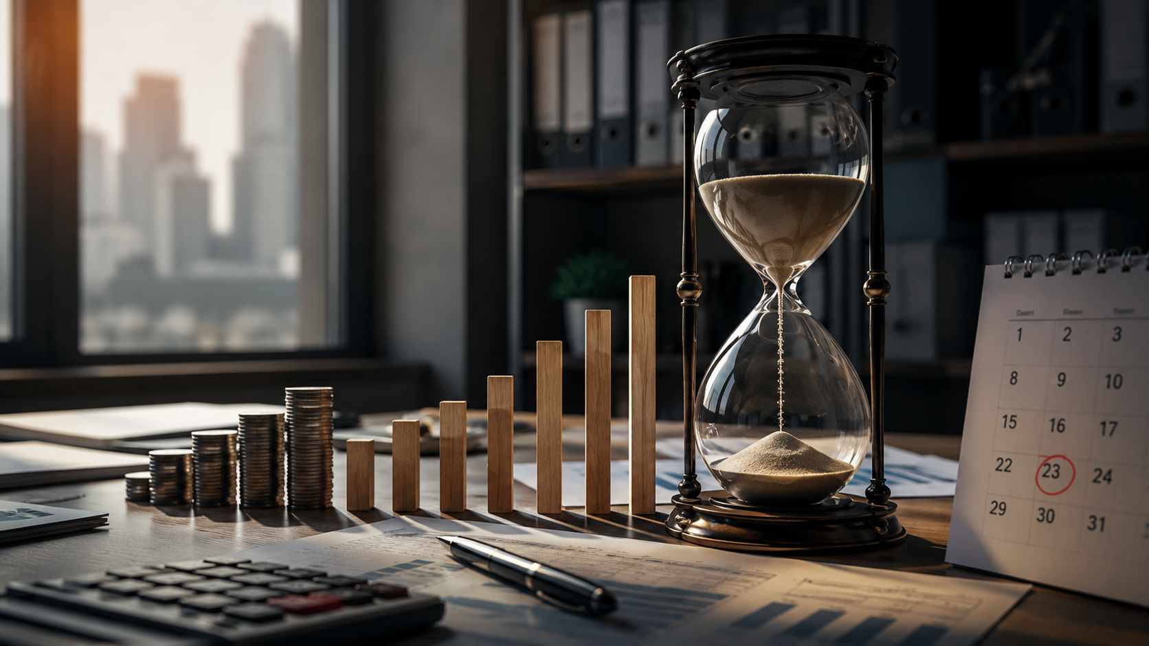 costo dell’indecisione finanziaria, clessidra accanto a dati aziendali e crescita dei costi nel tempo