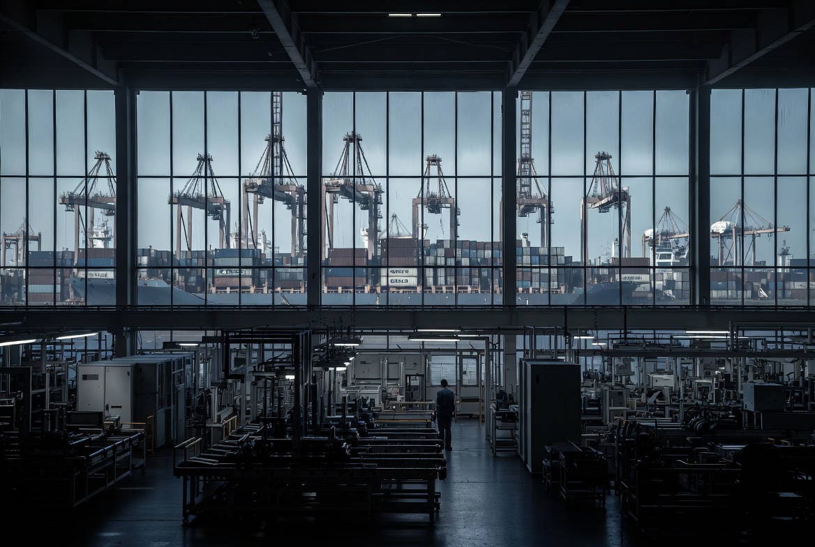 La fabbrica che non c'è più. deindustrializzazione europea, linea produttiva semi-spenta davanti a un porto container industriale attivo