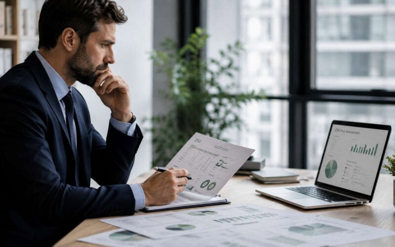 La sostenibilità entra nel merito creditizio. Merito creditizio ESG. ESG e accesso al credito, analista finanziario esamina documenti di sostenibilità e rischio in ufficio