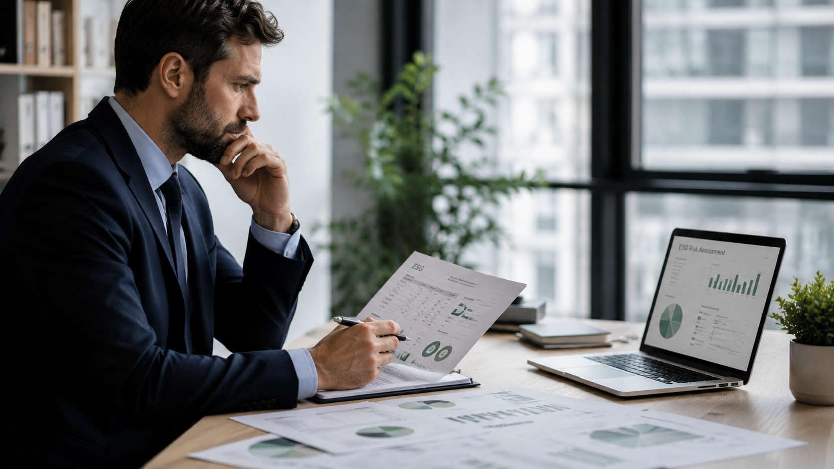 Merito creditizio ESG. ESG e accesso al credito, analista finanziario esamina documenti di sostenibilità e rischio in ufficio