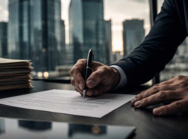 fideiussione bancaria imprenditore che firma un contratto di garanzia personale in ufficio