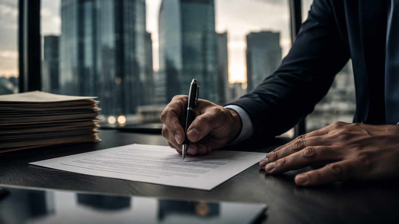 fideiussione bancaria imprenditore che firma un contratto di garanzia personale in ufficio