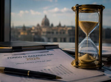 Fondo di Garanzia PMI 2026 con clessidra su una scrivania e documenti finanziari in un ufficio direzionale