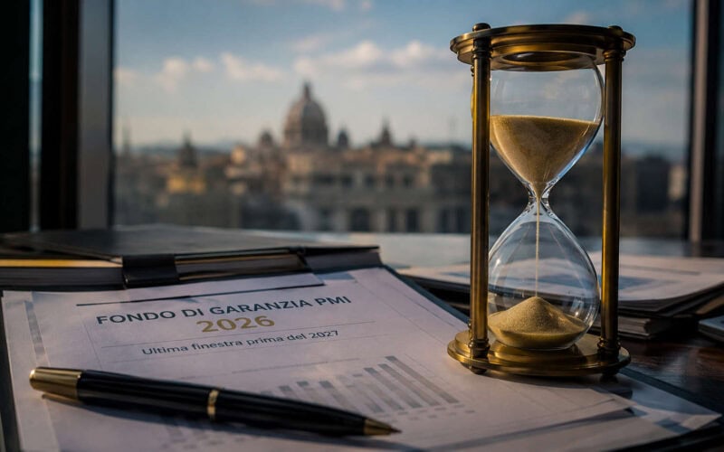 Fondo di Garanzia PMI 2026 con clessidra su una scrivania e documenti finanziari in un ufficio direzionale