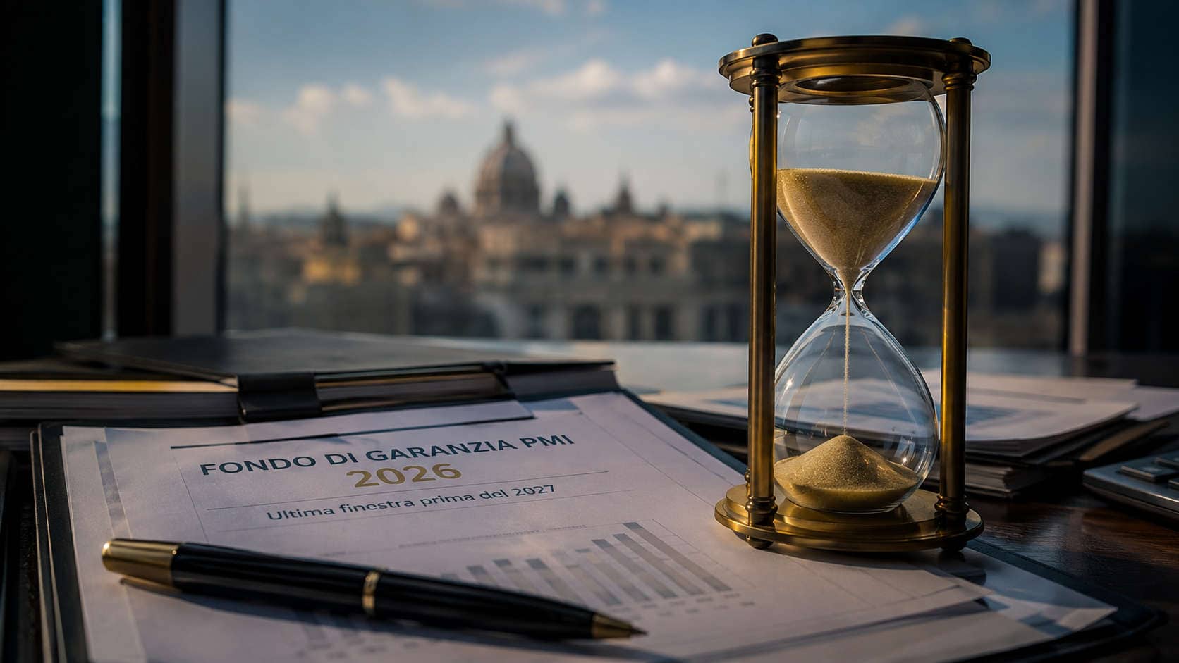 Fondo di Garanzia PMI: il 2026 potrebbe essere l'ultima finestra. Fondo di Garanzia PMI 2026 con clessidra su una scrivania e documenti finanziari in un ufficio direzionale