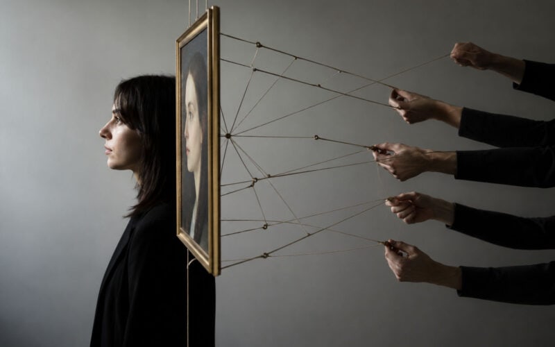 Investire in arte contemporanea: ritratto dipinto sorretto da fili tenuti da più mani, simbolo del sistema di legittimazione