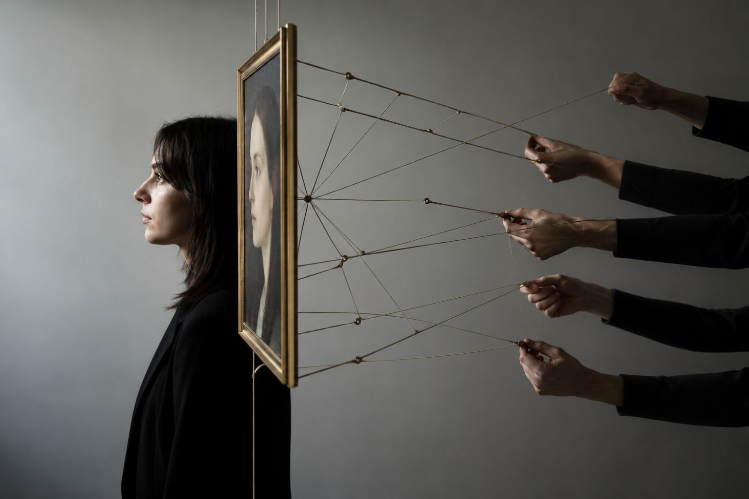 Investire in arte contemporanea: ritratto dipinto sorretto da fili tenuti da più mani, simbolo del sistema di legittimazione