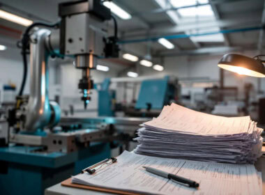 Iperammortamento 2026: documenti tecnici e modulistica in primo piano in un'officina industriale con macchinario CNC sullo sfondo