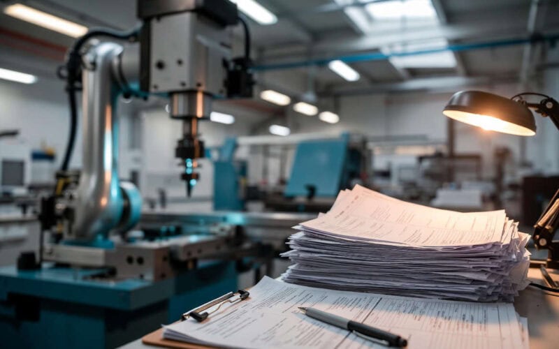 Iperammortamento 2026: documenti tecnici e modulistica in primo piano in un'officina industriale con macchinario CNC sullo sfondo