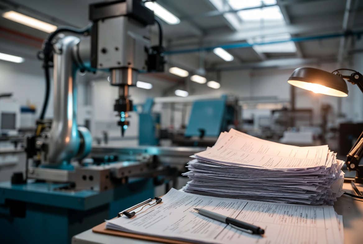 Iperammortamento 2026: documenti tecnici e modulistica in primo piano in un'officina industriale con macchinario CNC sullo sfondo