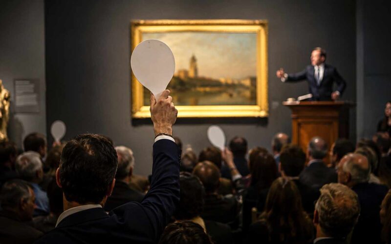 Vendere senza gallerista: la disintermediazione comprime il centro del mercato dell'arte, non la sua cima. Mercato dell’arte online, collezionisti rilanciano durante un’asta davanti a un dipinto in una sala espositiva