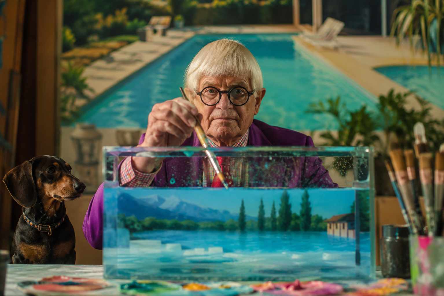 morte di David Hockney, artista anziano con bassotto mentre dipinge una scena acquatica in uno studio creativo