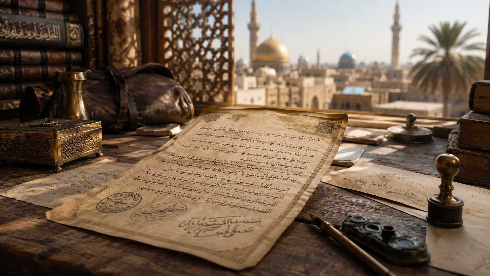 Il sakk islamico e l'origine contesa della parola "assegno". Origine dell’assegno: antico documento arabo di pagamento su tavolo con manoscritti e città islamica sullo sfondo