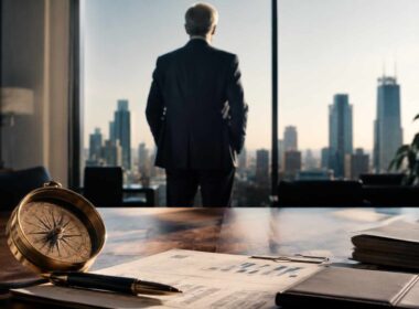 Passaggio generazionale imprese familiari, imprenditore osserva la città dal proprio ufficio davanti a documenti aziendali
