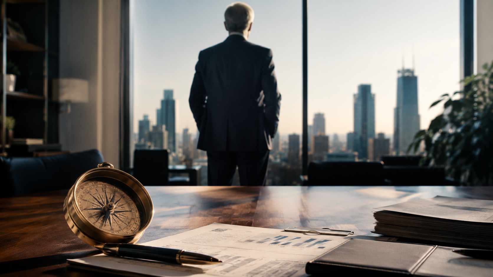 Ogni anno muoiono 35.000 imprese italiane. Non per il mercato. Per la successione. Passaggio generazionale imprese familiari, imprenditore osserva la città dal proprio ufficio davanti a documenti aziendali
