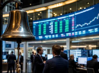 Quotazione PMI in Borsa, campanella di mercato davanti a monitor finanziari in una sala di negoziazione