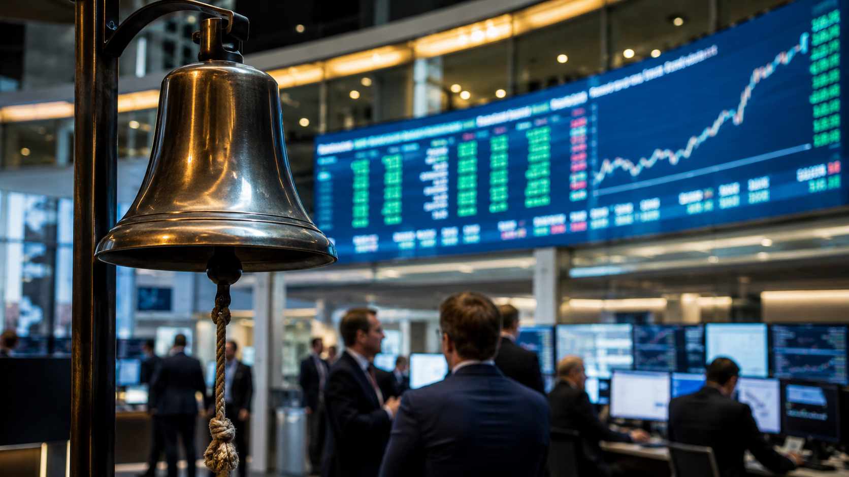 Quotazione PMI in Borsa, campanella di mercato davanti a monitor finanziari in una sala di negoziazione