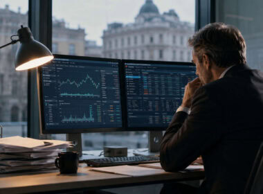 rating bancario PMI, manager analizza dati finanziari e flussi aziendali su dashboard digitali
