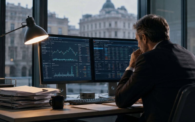 La banca ti legge in tempo reale. rating bancario PMI, manager analizza dati finanziari e flussi aziendali su dashboard digitali