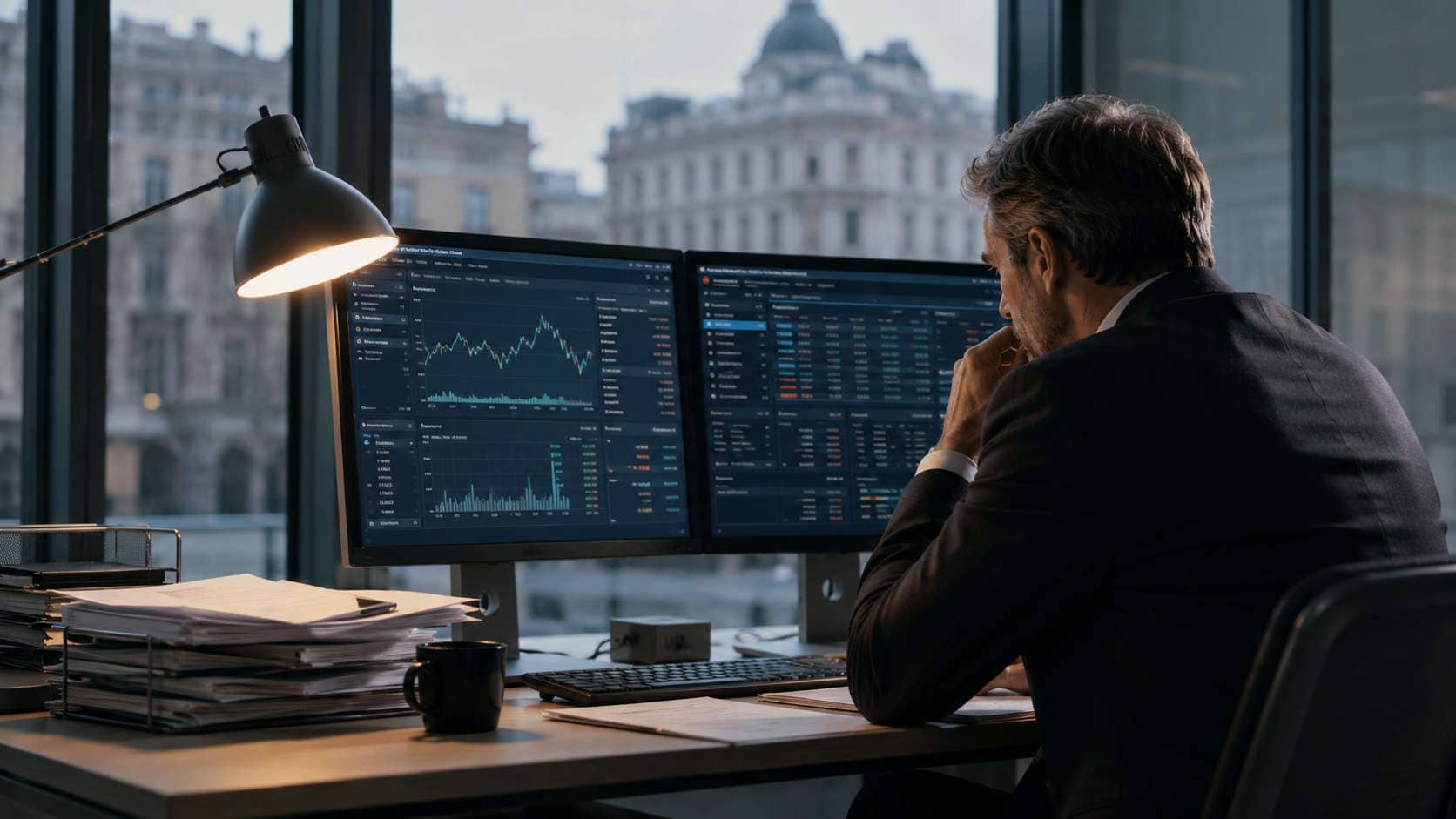 La banca ti legge in tempo reale. rating bancario PMI, manager analizza dati finanziari e flussi aziendali su dashboard digitali