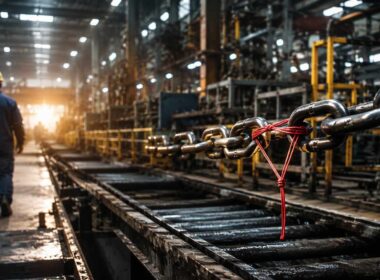 Resilienza aziendale, catena industriale rinforzata in uno stabilimento produttivo con operaio sullo sfondo