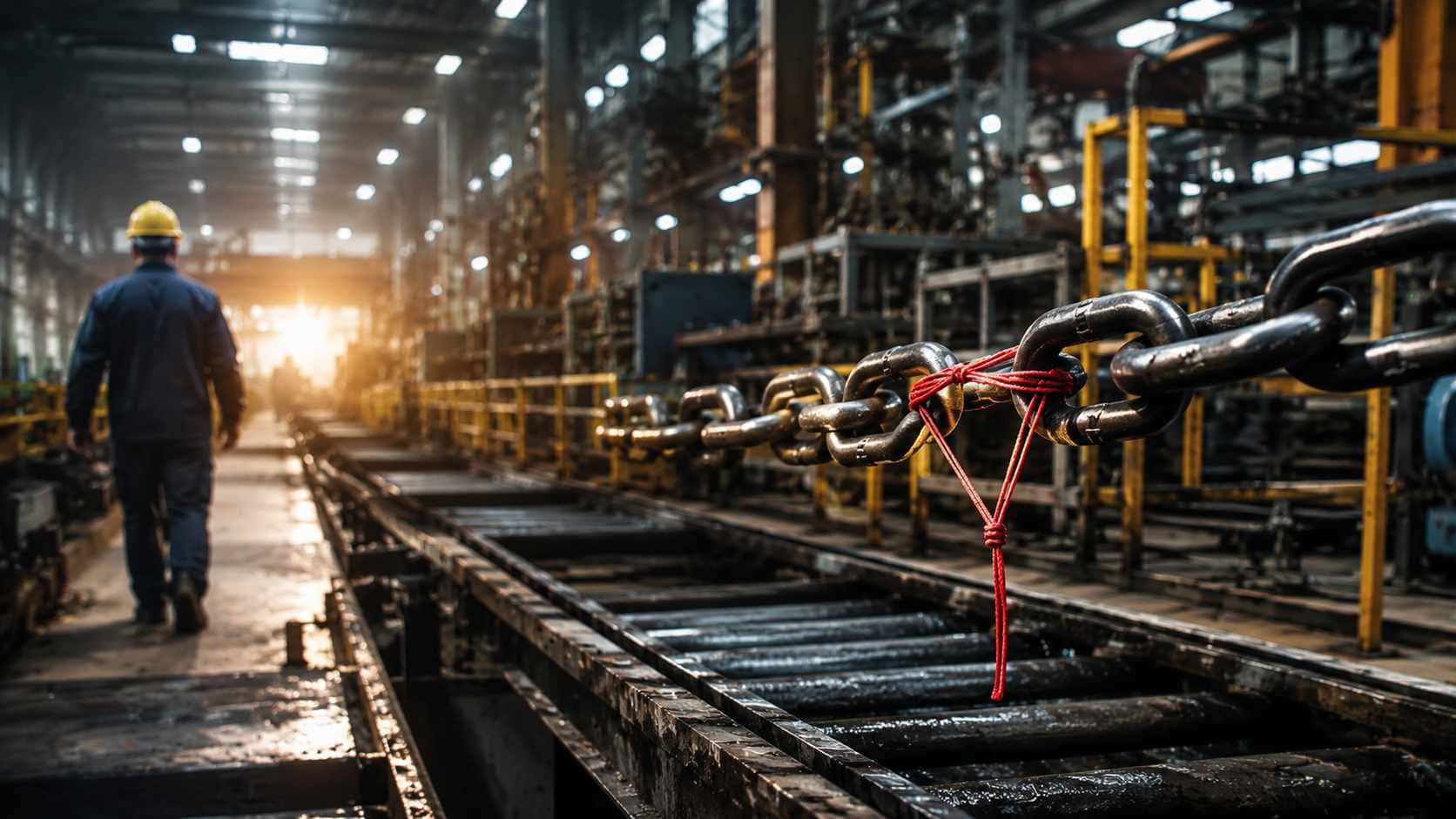 La fine dell'era dell'efficienza. Resilienza aziendale, catena industriale rinforzata in uno stabilimento produttivo con operaio sullo sfondo
