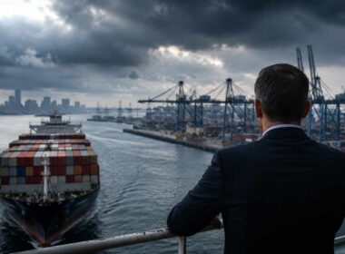 Rischio geopolitico per le imprese: nave portacontainer in arrivo in un porto commerciale sotto cielo tempestoso