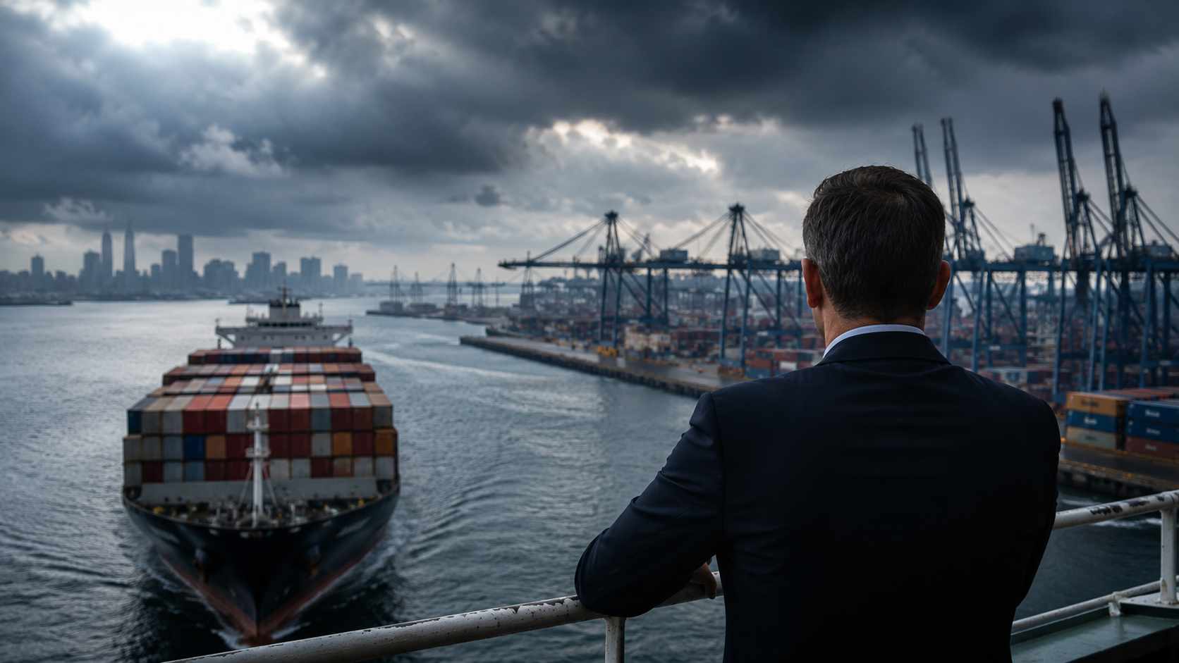 Perché la geopolitica è entrata nel bilancio aziendale. Rischio geopolitico per le imprese: nave portacontainer in arrivo in un porto commerciale sotto cielo tempestoso