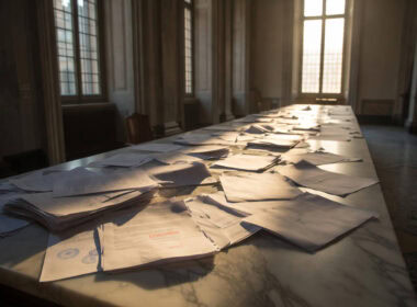 Scadenza PNRR 30 giugno 2026: documenti ufficiali non firmati su un tavolo in marmo in una sala istituzionale deserta