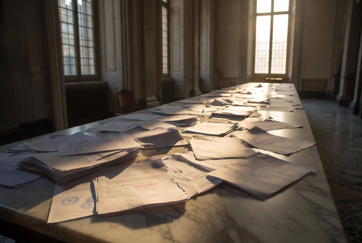 Scadenza PNRR 30 giugno 2026: documenti ufficiali non firmati su un tavolo in marmo in una sala istituzionale deserta