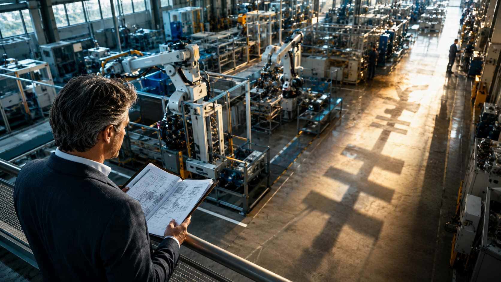 Transizione 4.0: dal credito d'imposta alla super-deduzione fiscale. Super deduzione Transizione 4.0. Transizione 4.0 imprenditore osserva una linea produttiva robotizzata in uno stabilimento industriale automatizzato