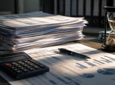 L'impresa può essere in utile e non avere più denaro: il capitale circolante spiegato agli imprenditori. Capitale circolante netto, documenti finanziari, calcolatrice e clessidra su una scrivania di lavoro