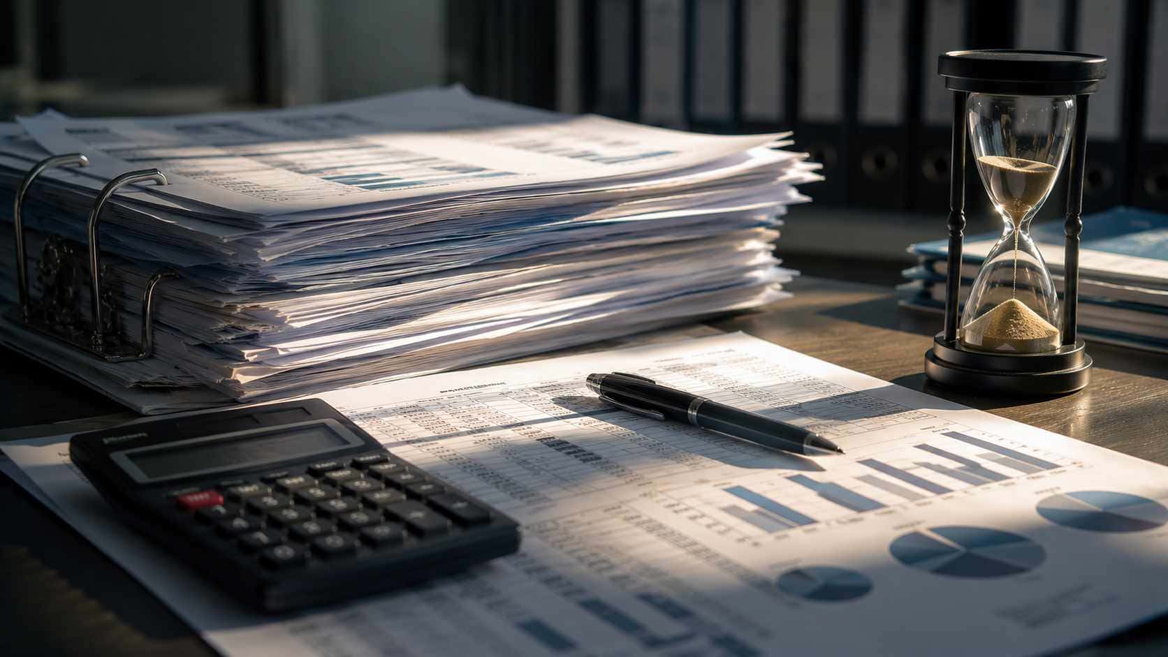 L'impresa può essere in utile e non avere più denaro: il capitale circolante spiegato agli imprenditori. Capitale circolante netto, documenti finanziari, calcolatrice e clessidra su una scrivania di lavoro